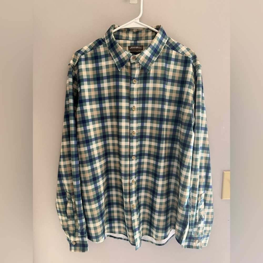 Eddie Bauer Mens Green Plaid Long Sleeve Button Up Long Sleeve Shirt SZ L Preppy